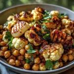 Honey Curry Roasted Cauliflower with Grilled Halloumi and Crunchy Chickpeas