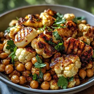 Honey Curry Roasted Cauliflower with Grilled Halloumi and Crunchy Chickpeas