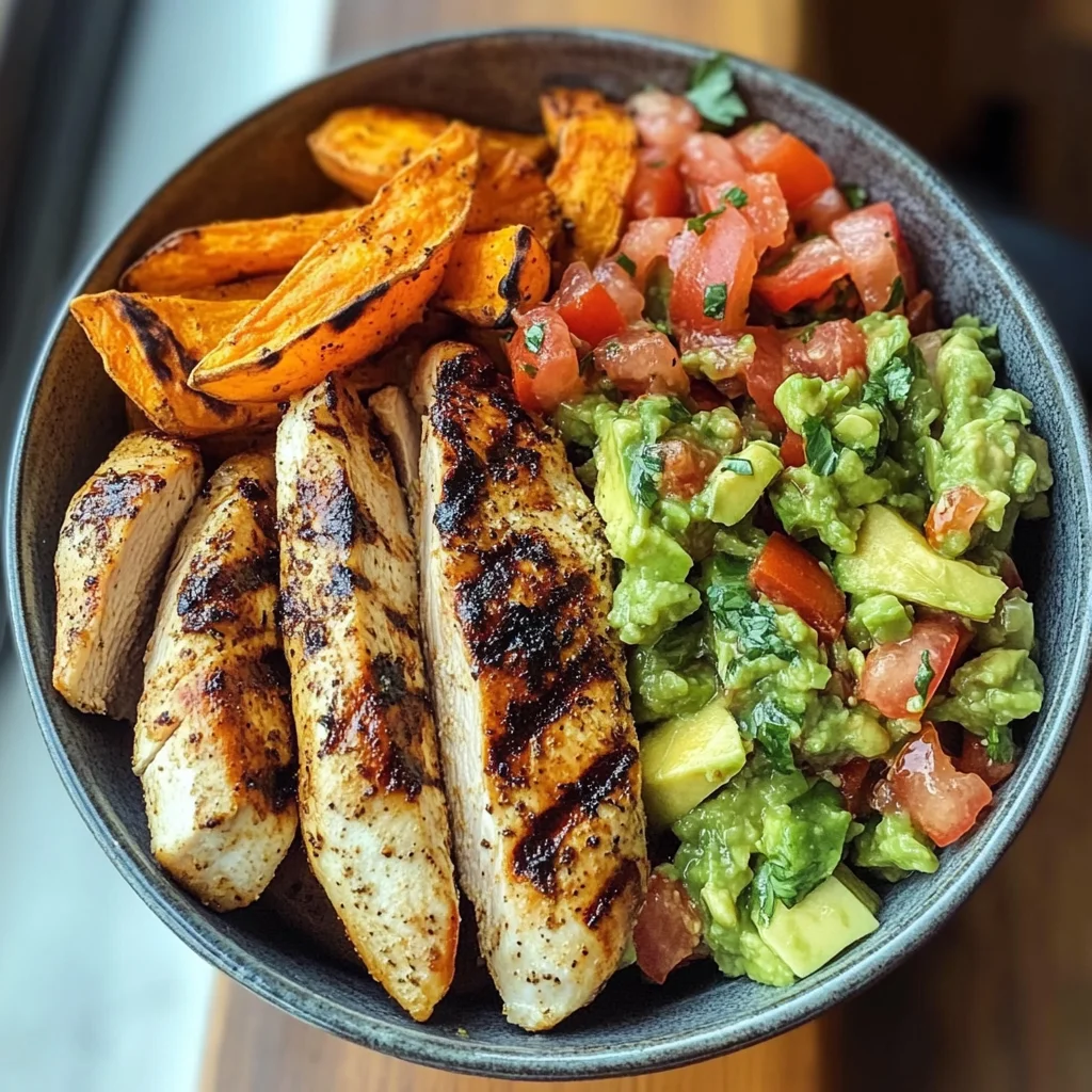 Power Bowl with Grilled Chicken, Sweet Potato Wedges & Avocado Salsa
