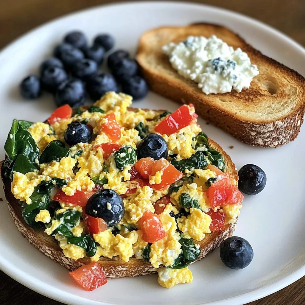 Veggie Egg Scramble with Cottage Cheese & Blueberry Toast
