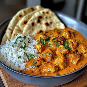 Butter Chicken with Coriander, Rice, and Naan