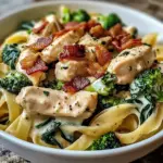 Chicken, Bacon & Spinach Alfredo Fettuccine with Broccoli