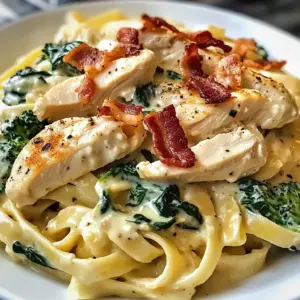 Creamy Chicken Bacon Spinach Fettuccine with Broccoli