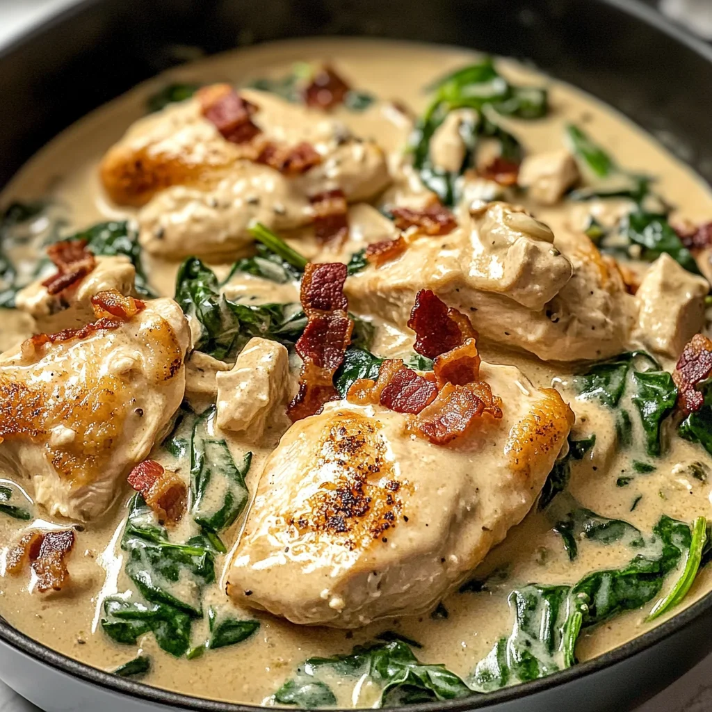 Creamy Chicken Stroganoff with Crispy Bacon and Wilted Spinach