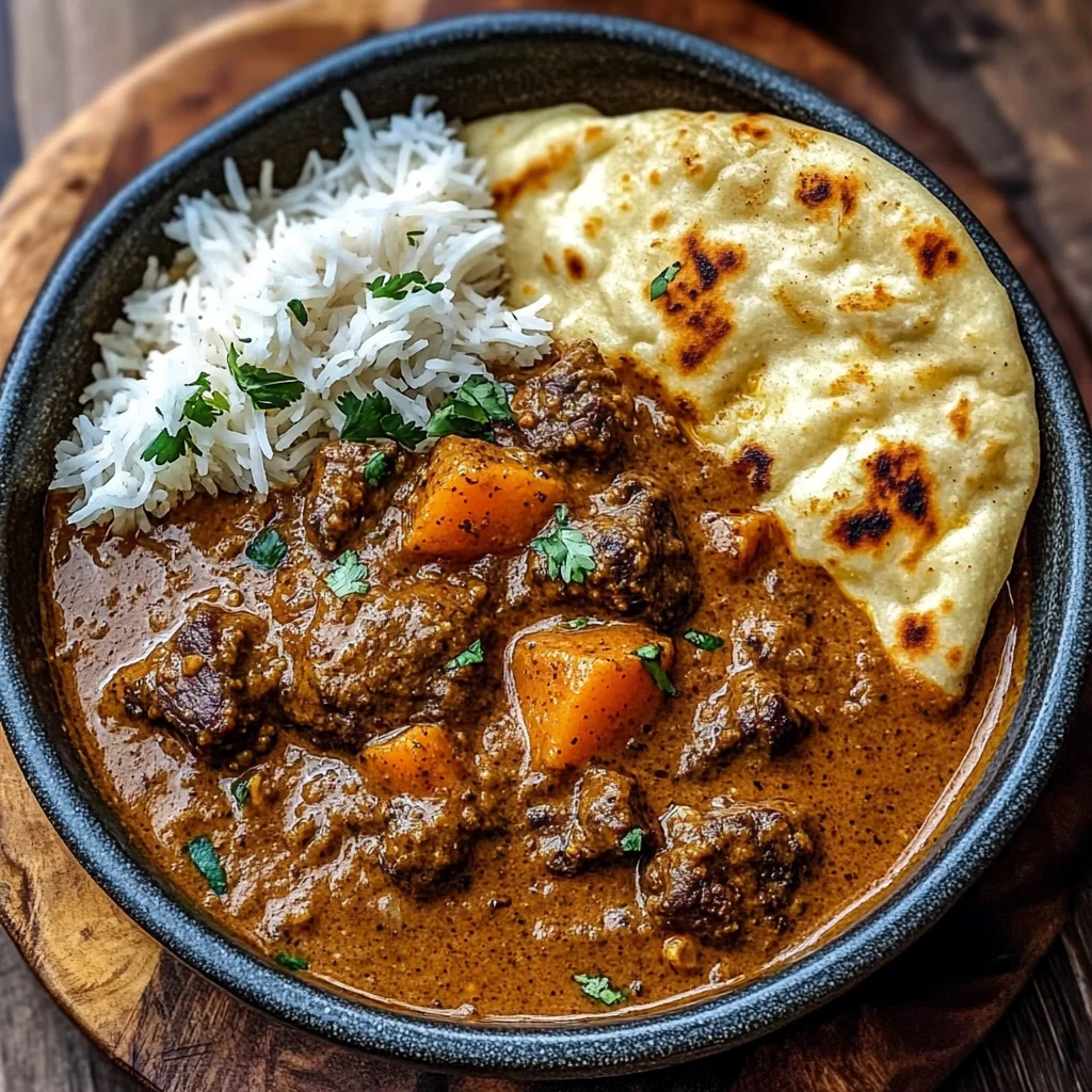 Slow-Cooked Beef Curry with Creamy Coconut Sauce & Garlic Naan