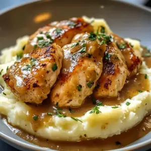 Chicken and Garlic Gravy with Cheesy Mashed Potatoes