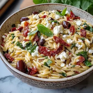 Homemade Orzo Pasta Salad with Feta and Sun Dried Tomatoes - flirtyfood