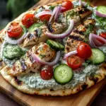 Creamy Greek Chicken Flatbread with Tzatziki, Cucumbers, Tomatoes and Red Onion