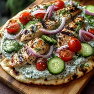 Creamy Greek Chicken Flatbread with Tzatziki, Cucumbers, Tomatoes and Red Onion
