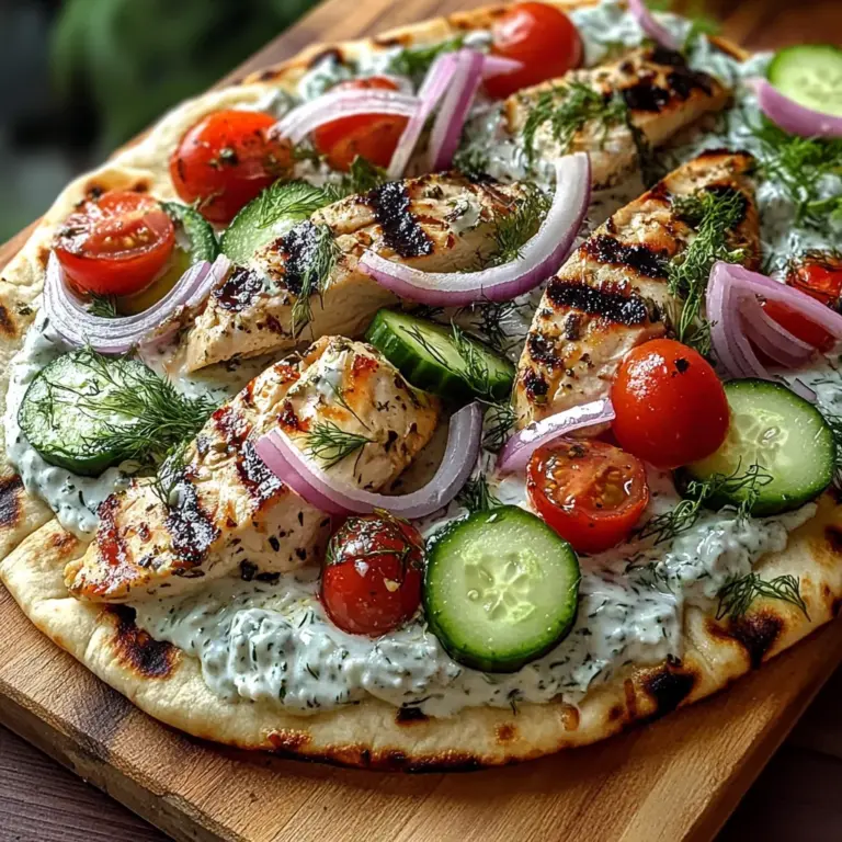 Creamy Greek Chicken Flatbread with Tzatziki, Cucumbers, Tomatoes and Red Onion
