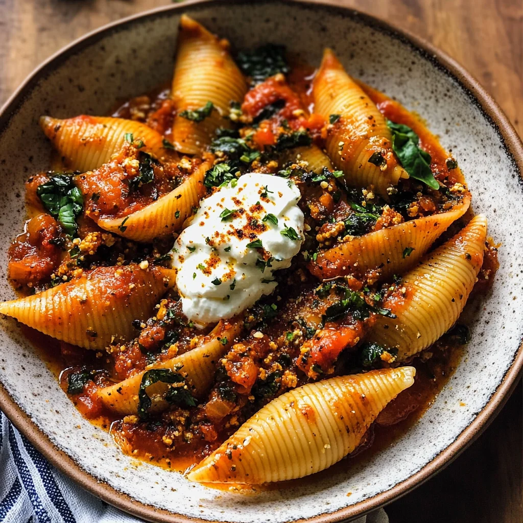 Unstuffed Spicy Tomato Basil Shells with Whipped Ricotta.