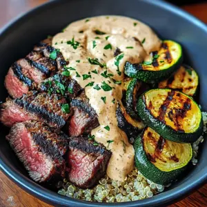 Grilled Steak Bowl with Creamy Sauce & Grilled Zucchini